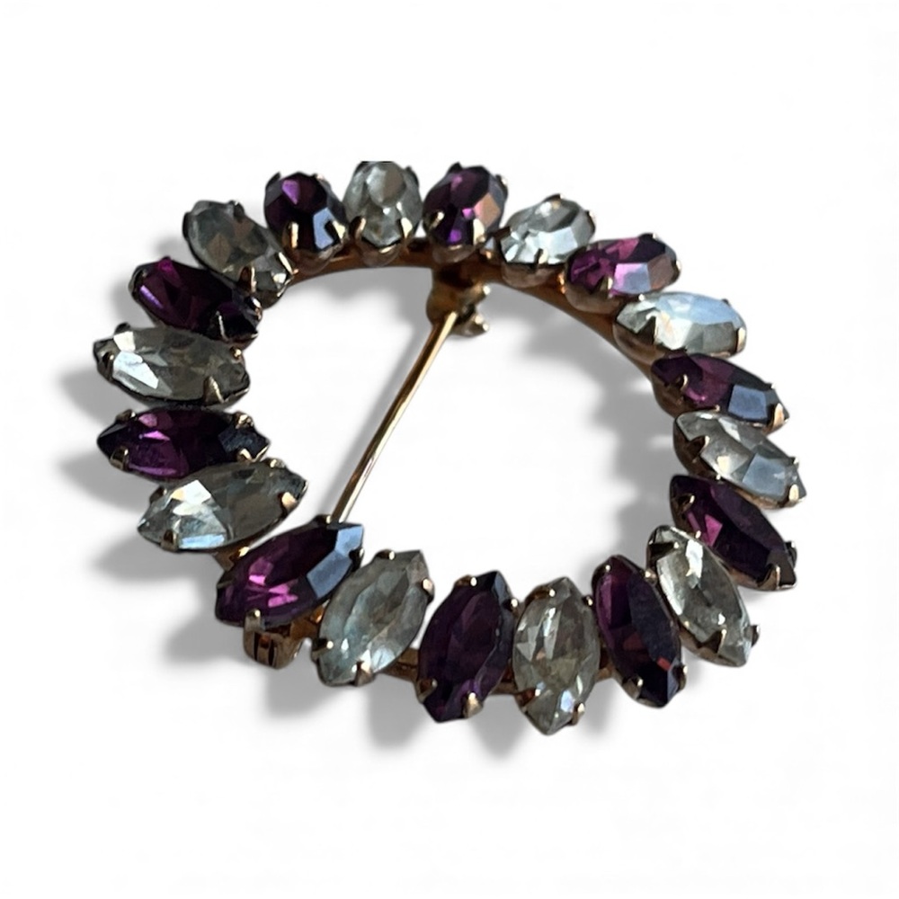 Vintage 12K Gold Filled Clear & Purple Glass Crystal, Prong Set Circular Brooch